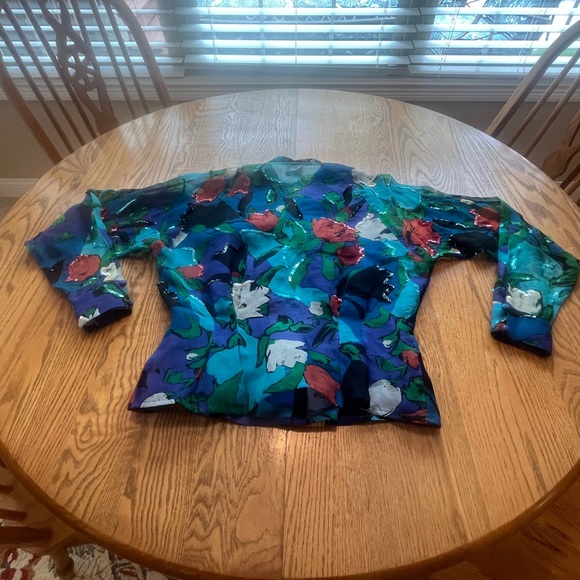 Vintage Francesca of Damon Silk Sequin Semi Sheer Blouse Size 10 Blue Black - Picture 2 of 8